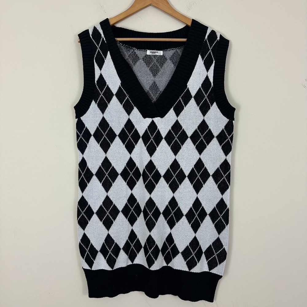Zeagoo Vest Academia Sweater Black White Argyle Print Preppy V-Neck Pullover L